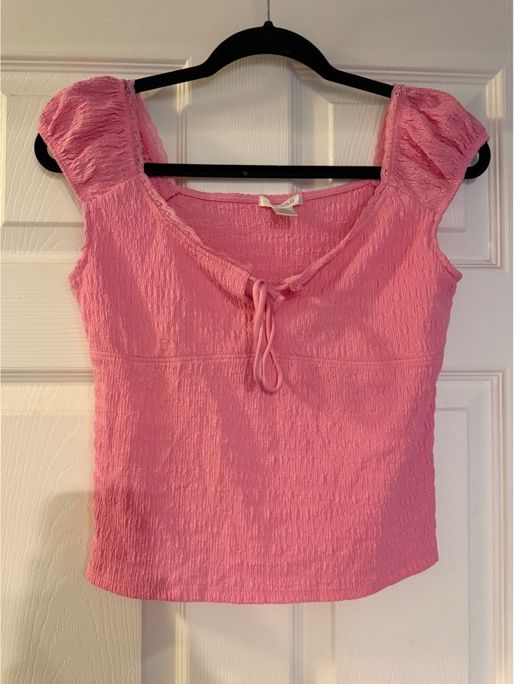 Bozzolo Pink Textured Milkmaid Crop Top Cap Sleeves Front Tie - Size Large